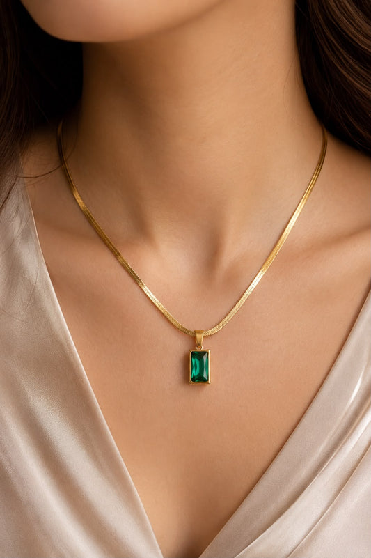 Green Emerald Pendant Necklace | Anti-Tarnish Stainless Steel Gold Necklace