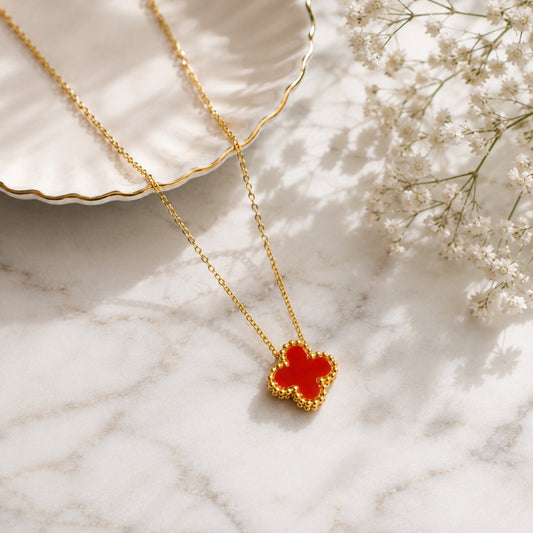Anti-Tarnish Stainless Steel Red Clover Necklace | Waterproof Dainty Gold Pendant Jewelry