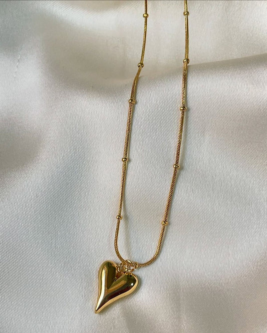 Gold Tone Heart Pendant Necklace with Beaded Snake Chain – Elegant Everyday Jewelry and Romantic Gift for Her
