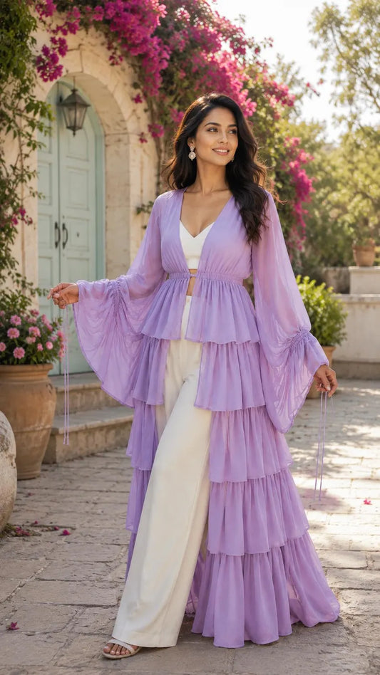 Women's 5 Layer Sheer Shrug Lavender Cover Up Lightweight Beach Kimono Bridal & Party Overlay(V)