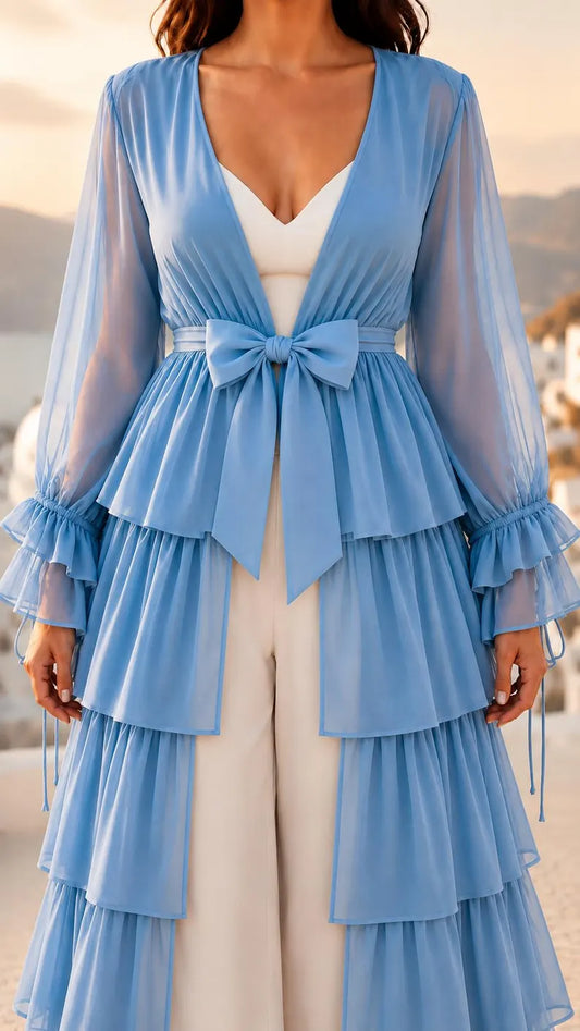 Convertible Flying Dress Shrug, Sky Blue 5 Laayer Cape, Open Front Ruffle Overlay, Resort Wear(V)