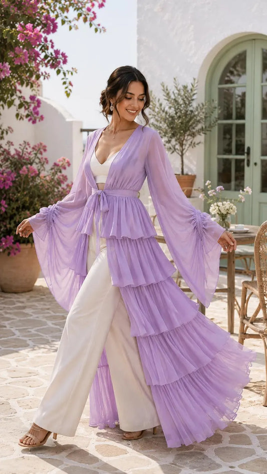 Women's 5 Layer Sheer Shrug Lavender Cover Up Lightweight Beach Kimono Bridal & Party Overlay(V)