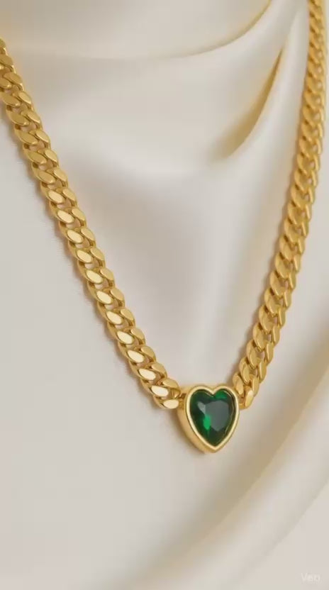 Anti-Tarnish Gold Green Heart Pendant Necklace Stainless Steel Cuban Chain Necklace for Women