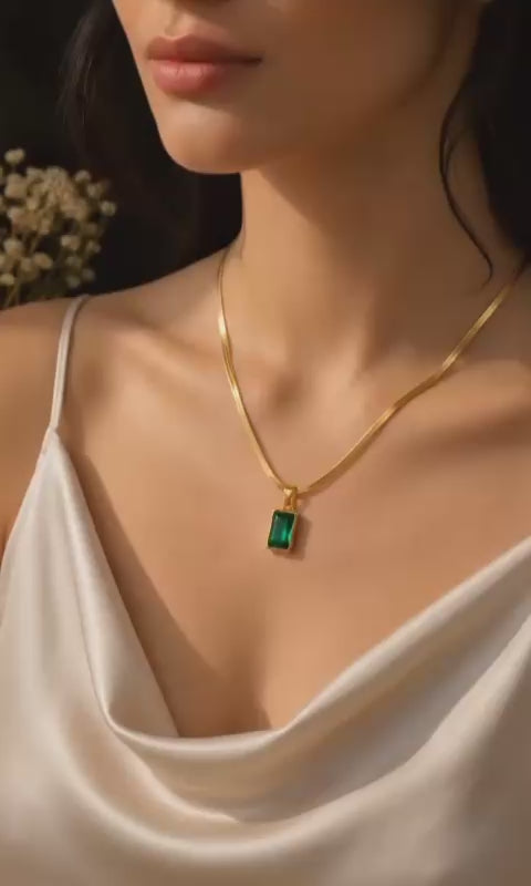 Green Emerald Pendant Necklace | Anti-Tarnish Stainless Steel Gold Necklace